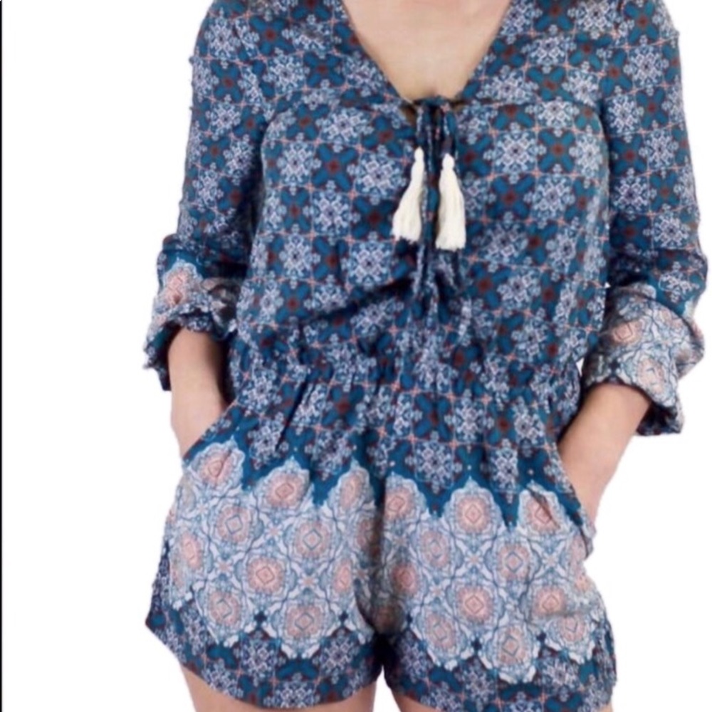 Blue Boho Lace Romper Long Sleeve Stretchy Waist